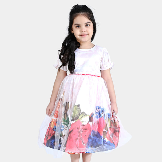 Girls Poly Satin Fancy Frock Blooming-Multi