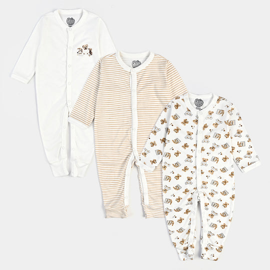 Pack of 3 Infant Unisex Cotton Rompers Bear-Off White