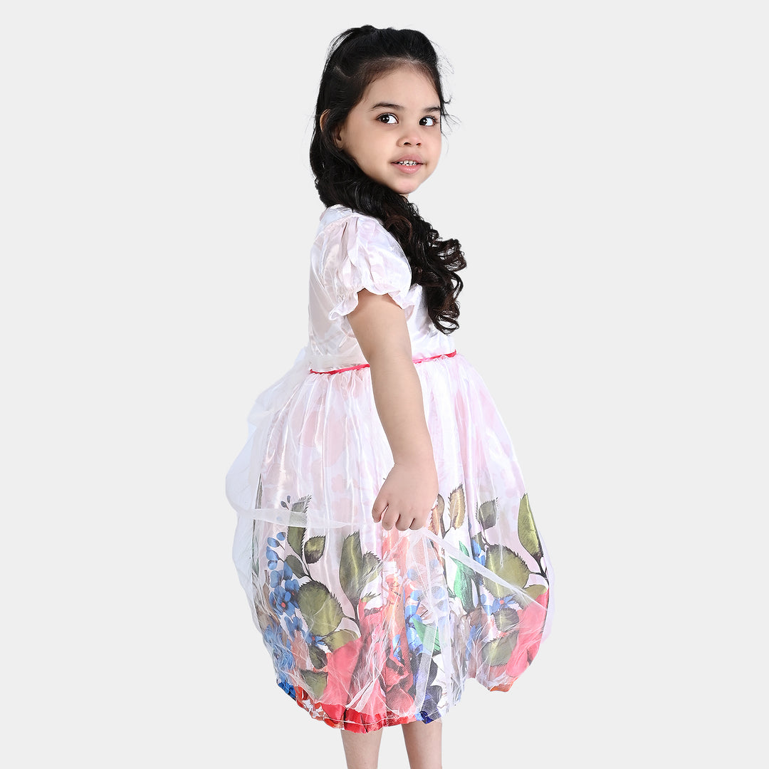 Girls Poly Satin Fancy Frock Blooming-Multi