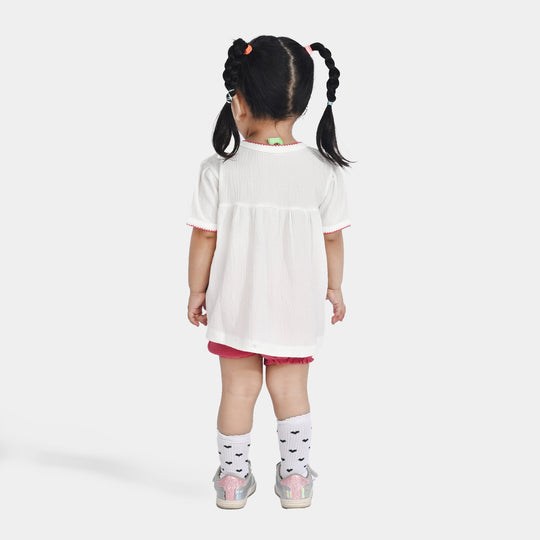 Infant Girls Poly Crinkle 2PC Suit Texture Style-White/Pink