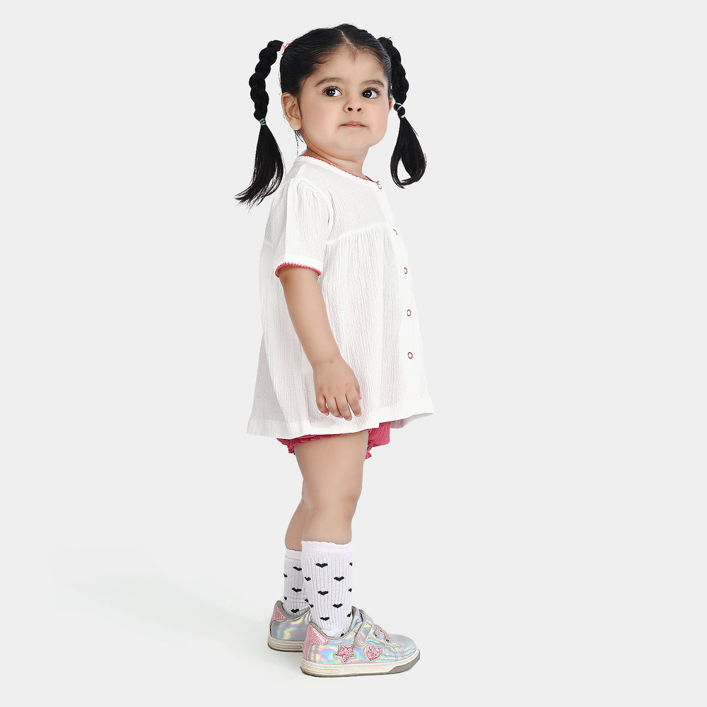 Infant Girls Poly Crinkle 2PC Suit Texture Style-White/Pink