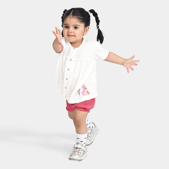 Infant Girls Poly Crinkle 2PC Suit Texture Style-White/Pink