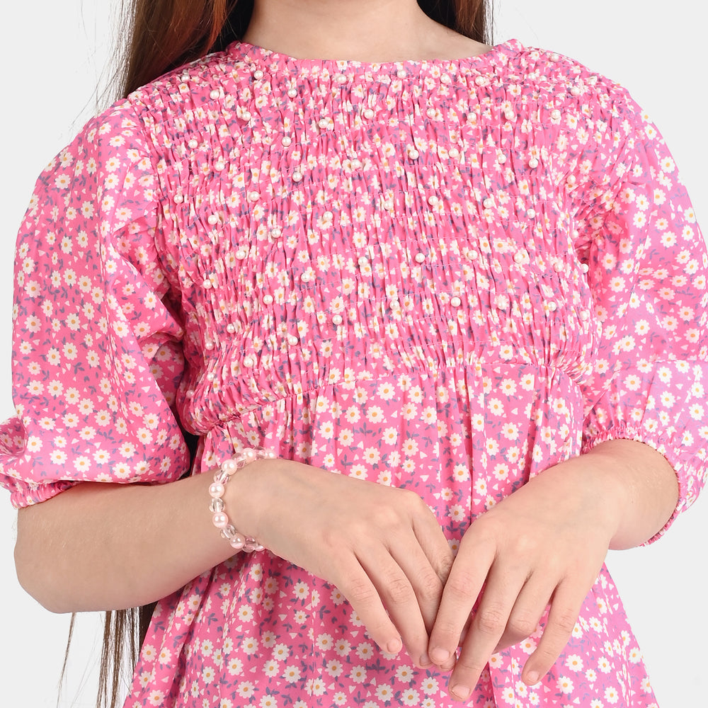 Girls Raw Silk Casual Frock-Pink