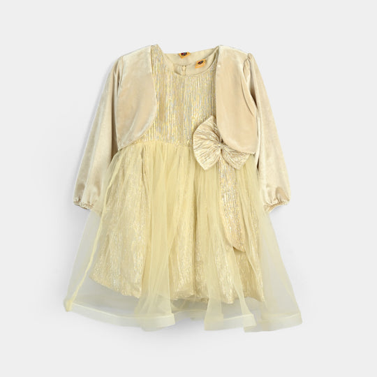 Girls Organza Fancy Frock Glittery-BEIGE