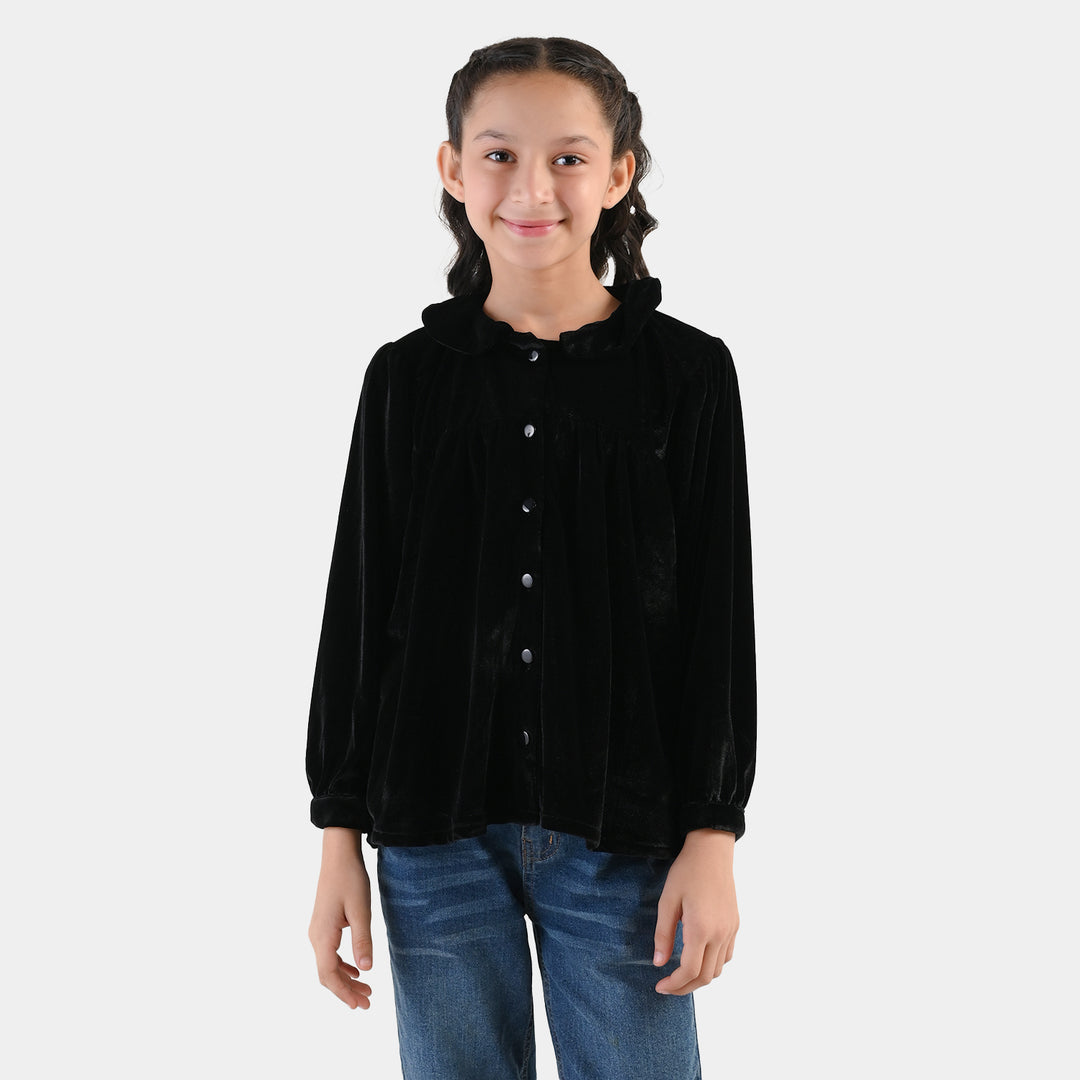 Girls Velvet Casual Top Shimmer - BLACK