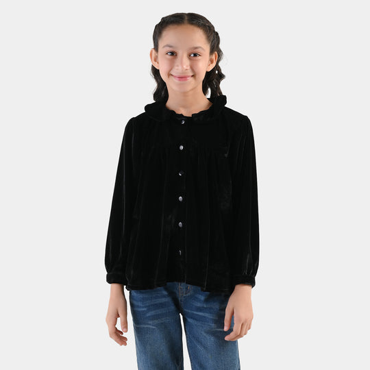 Girls Velvet Casual Top Shimmer - BLACK