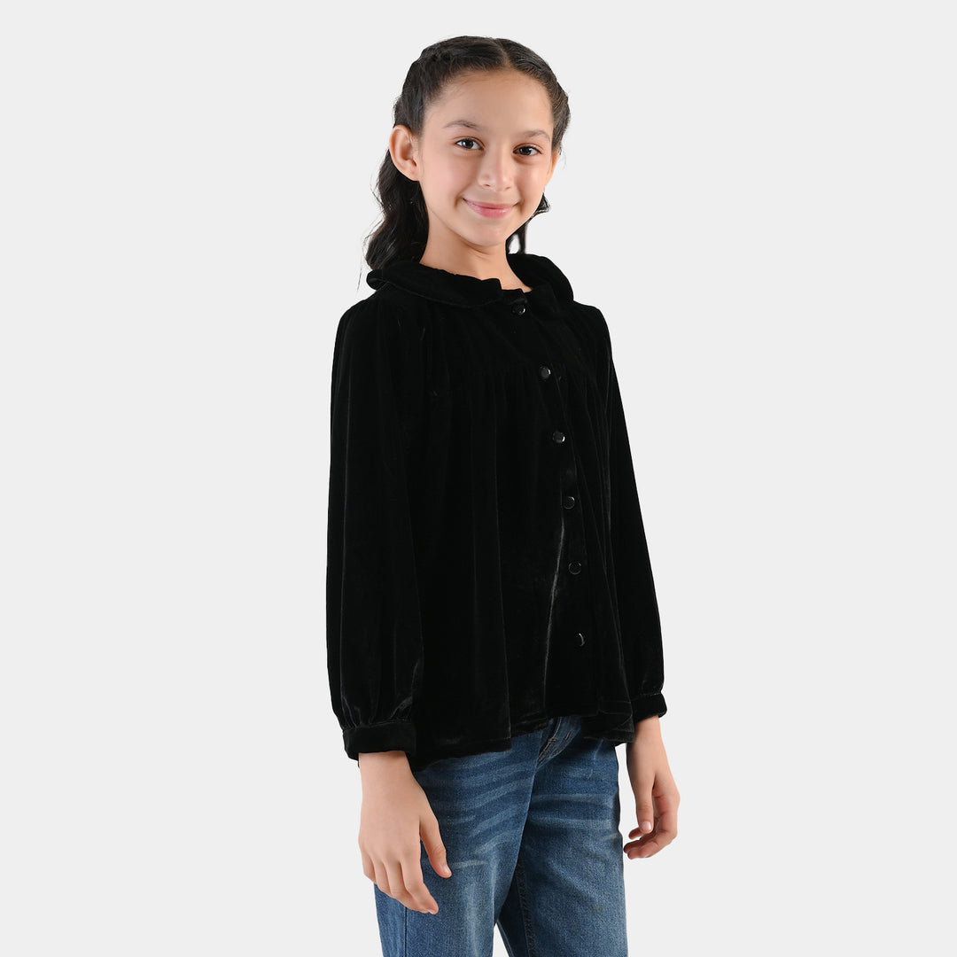 Girls Velvet Casual Top Shimmer - BLACK