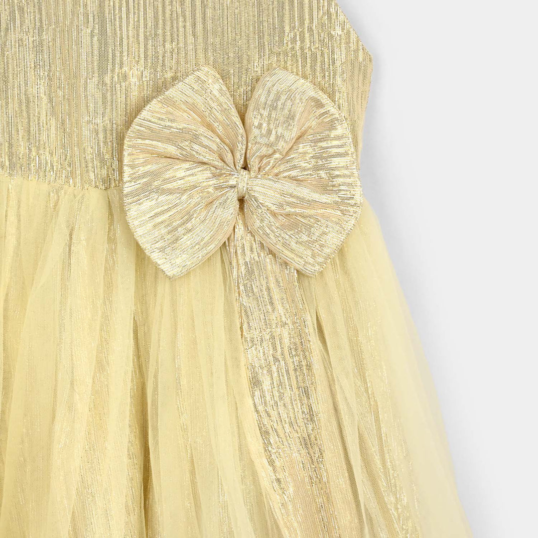 Girls Organza Fancy Frock Glittery-BEIGE