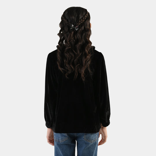 Girls Velvet Casual Top Shimmer - BLACK