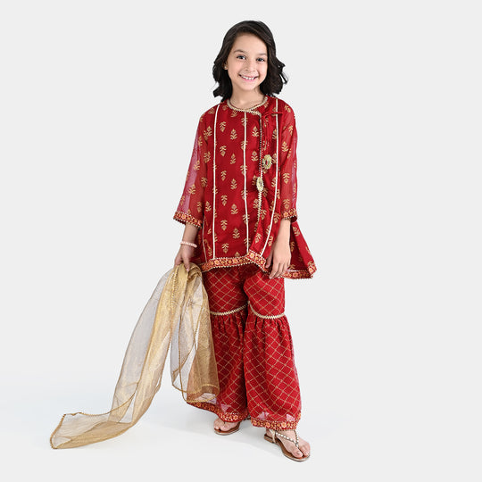 Girls Chiffon 3PC Suit Riwayat-Red