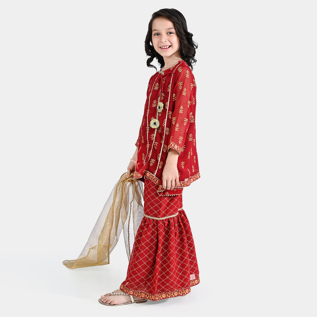 Girls Chiffon 3PC Suit Riwayat-Red