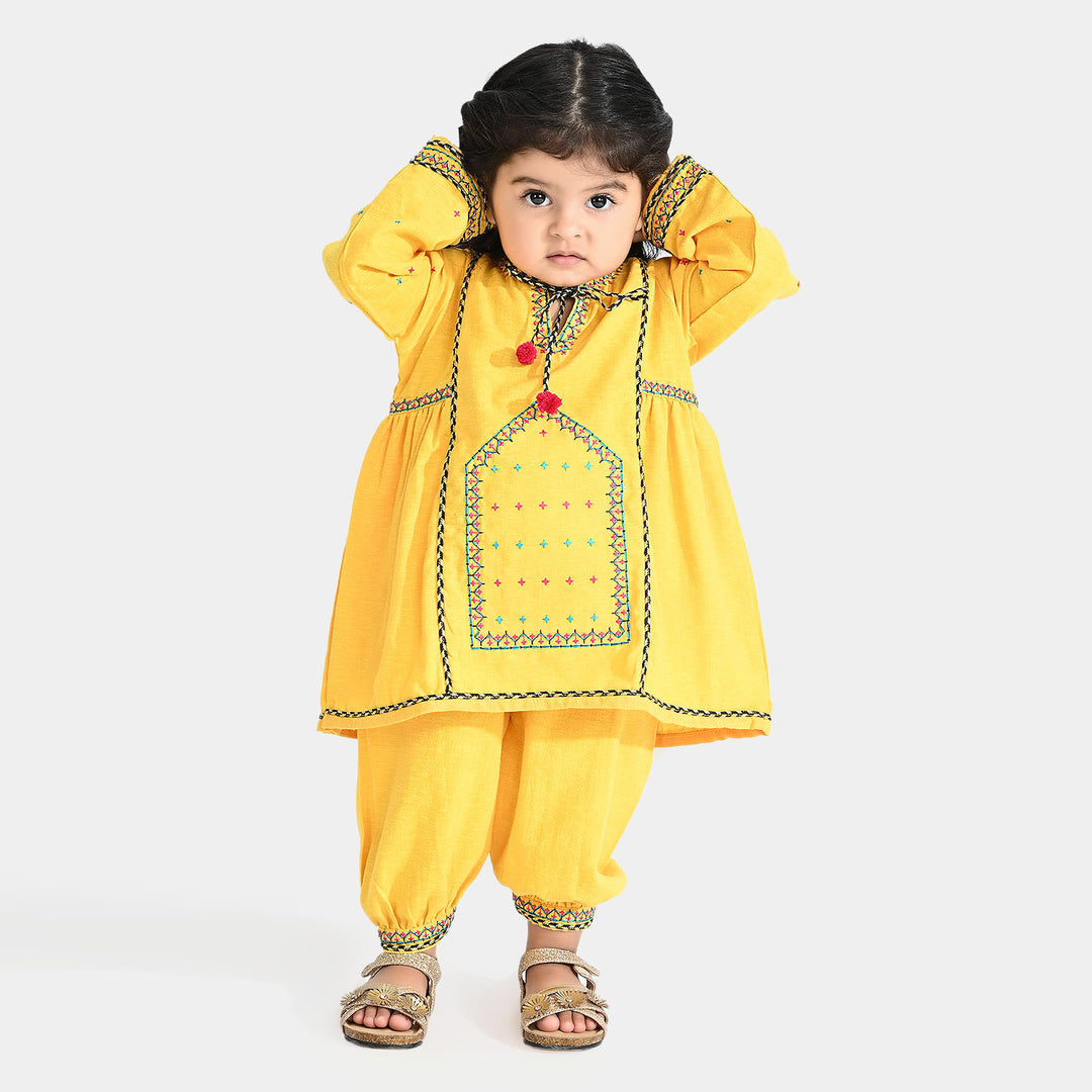 Infant Girls CVC EMB 2PCs Suit Balochi-Yellow