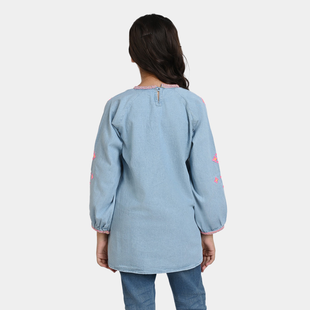 Girls Top Denim v neck embroidered - Ice Blue