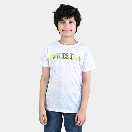 Boys Poly Cotton Jersey T-Shirt H/S Pakistan Stamps-White