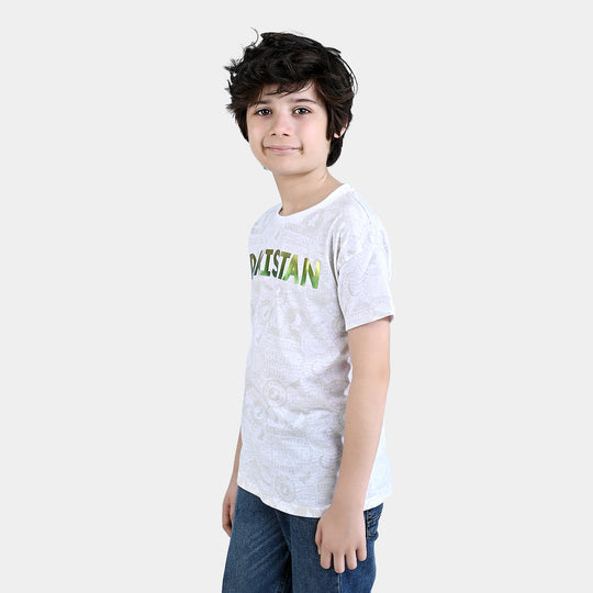 Boys Poly Cotton Jersey T-Shirt H/S Pakistan Stamps-White