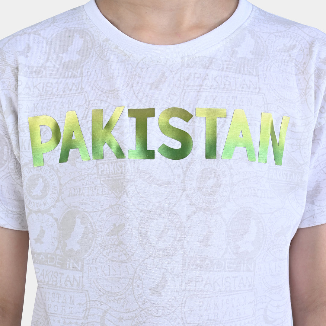 Boys Poly Cotton Jersey T-Shirt H/S Pakistan Stamps-White