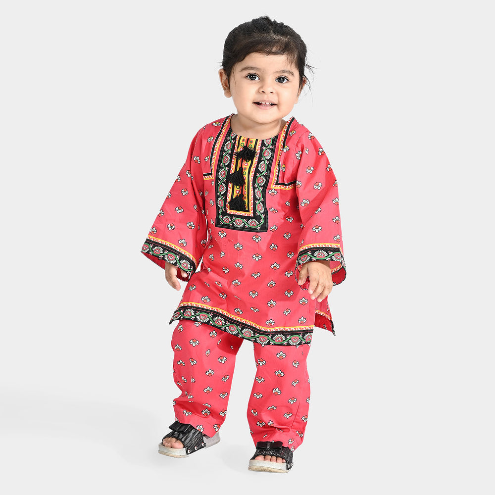 Infant Girls Cotton Poplin Printed 2 PCs Suit Scarlet-Pink