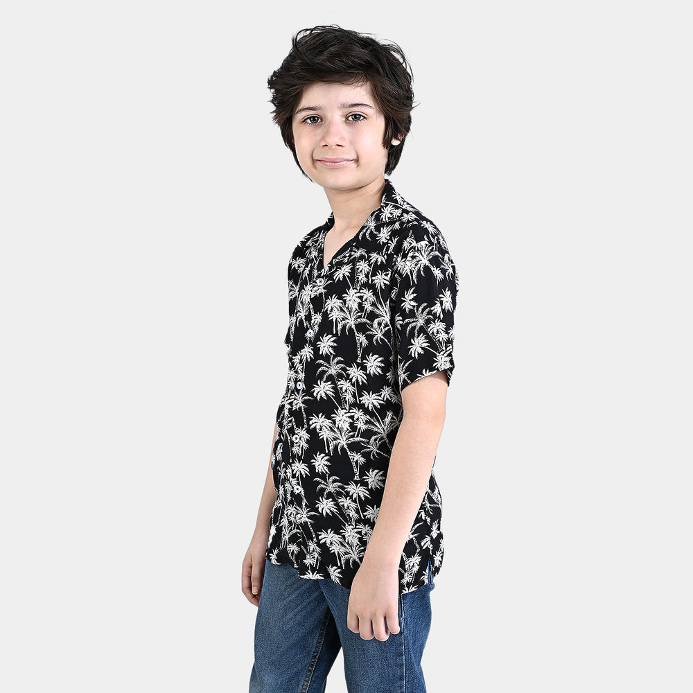 Boys Cotton Viscose Casual Shirt H/S (Palm Trees)-BLACK