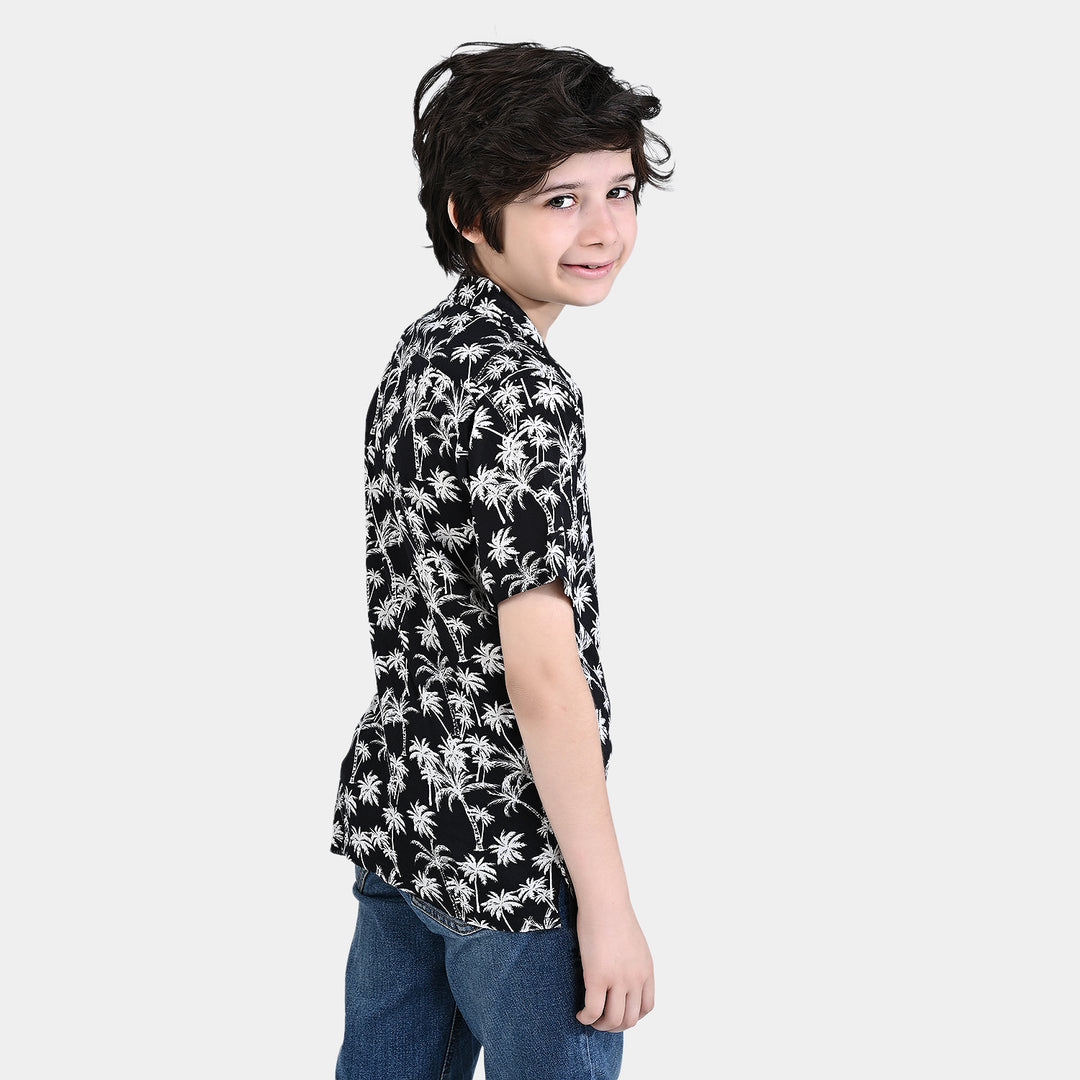 Boys Cotton Viscose Casual Shirt H/S (Palm Trees)-BLACK