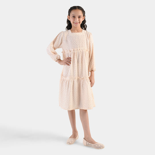 Girls Polyester Frock Whimsical - Beige