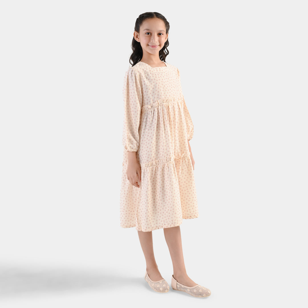 Girls Polyester Frock Whimsical - Beige