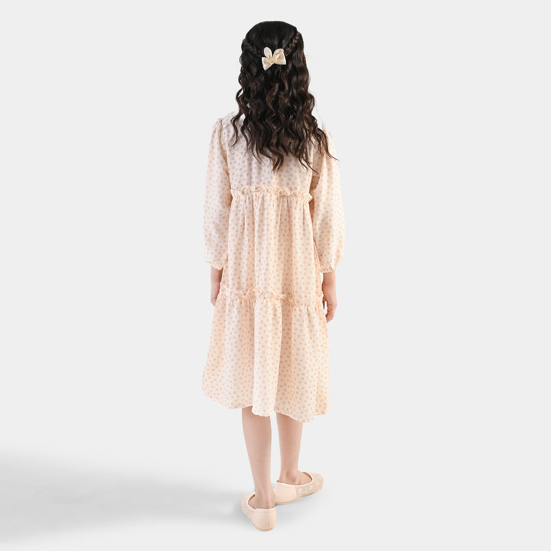 Girls Polyester Frock Whimsical - Beige