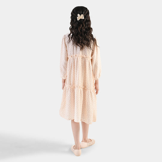 Girls Polyester Frock Whimsical - Beige