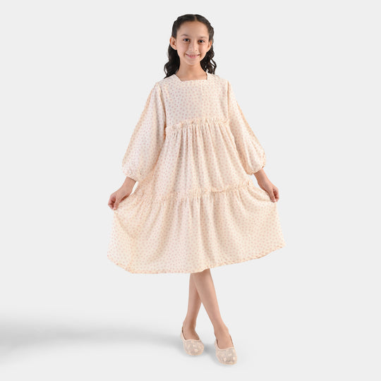 Girls Polyester Frock Whimsical - Beige