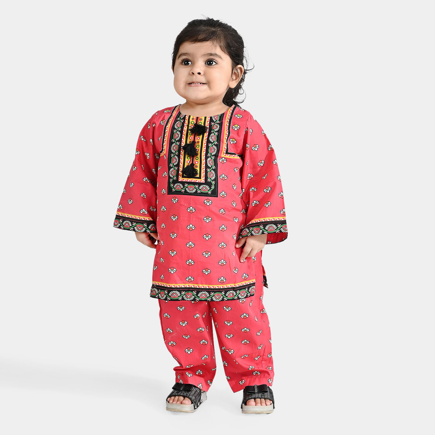 Infant Girls Cotton Poplin Printed 2 PCs Suit Scarlet-Pink