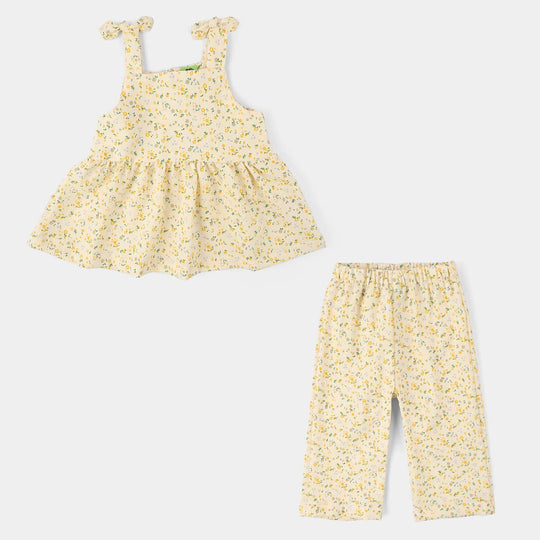 Infant Girls Cotton Jacquard 2 Pc Suit (Flower) - Yellow