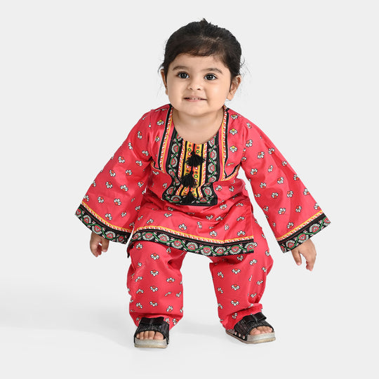 Infant Girls Cotton Poplin Printed 2 PCs Suit Scarlet-Pink