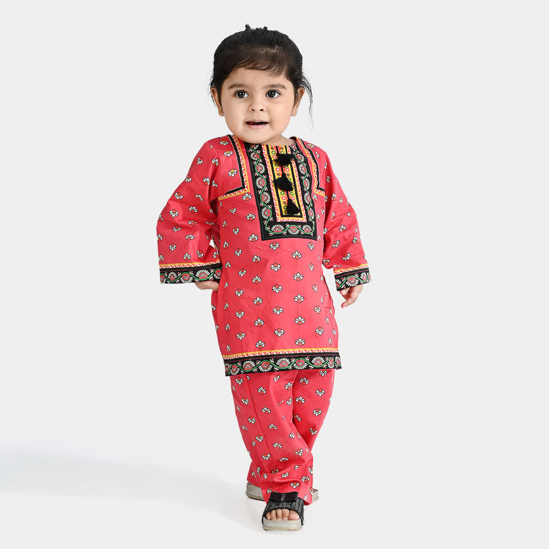 Infant Girls Cotton Poplin Printed 2 PCs Suit Scarlet-Pink