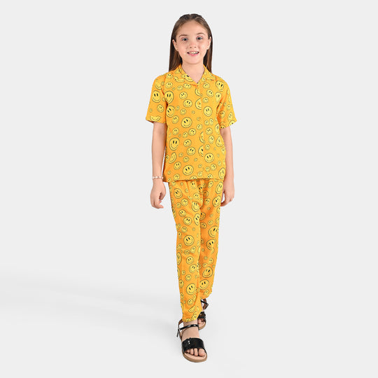 Girls Viscose Nightwear Smile Emoji-Yellow