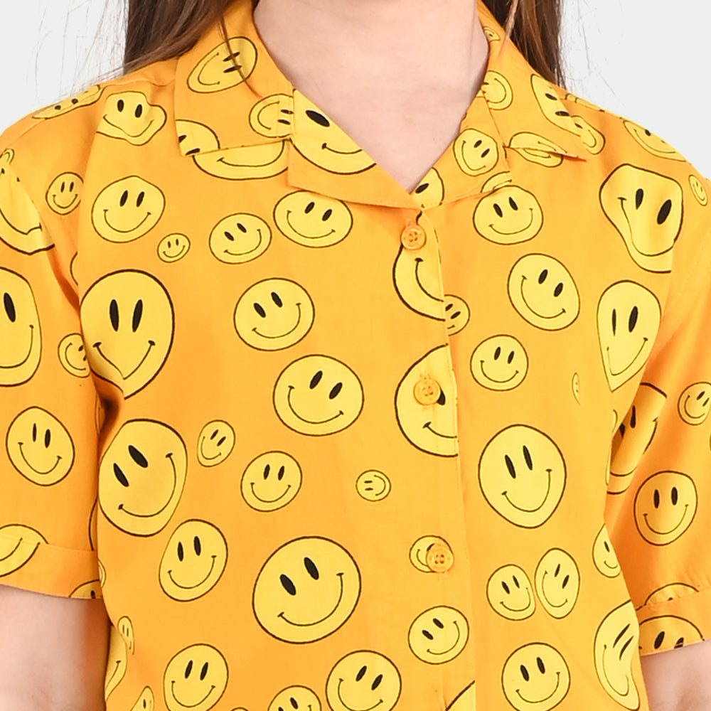 Girls Viscose Nightwear Smile Emoji-Yellow