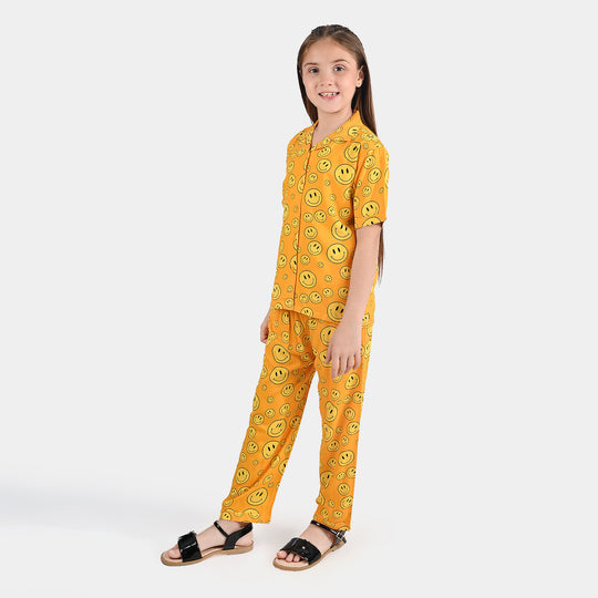 Girls Viscose Nightwear Smile Emoji-Yellow