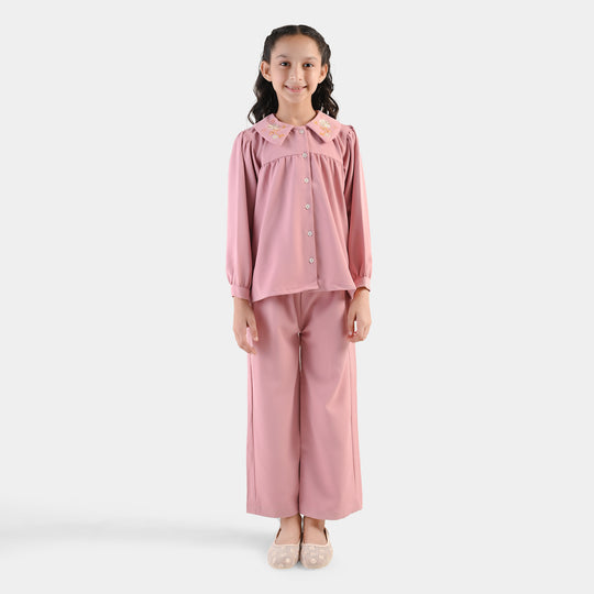 Girls Cotton Twill Emb Co-Ord Set Blush - Light Pink
