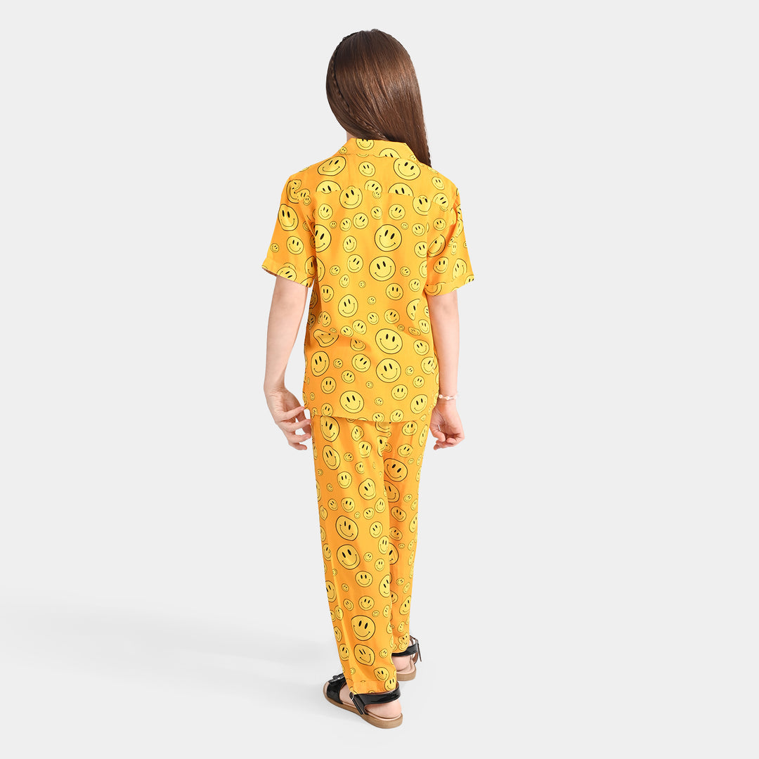 Girls Viscose Nightwear Smile Emoji-Yellow