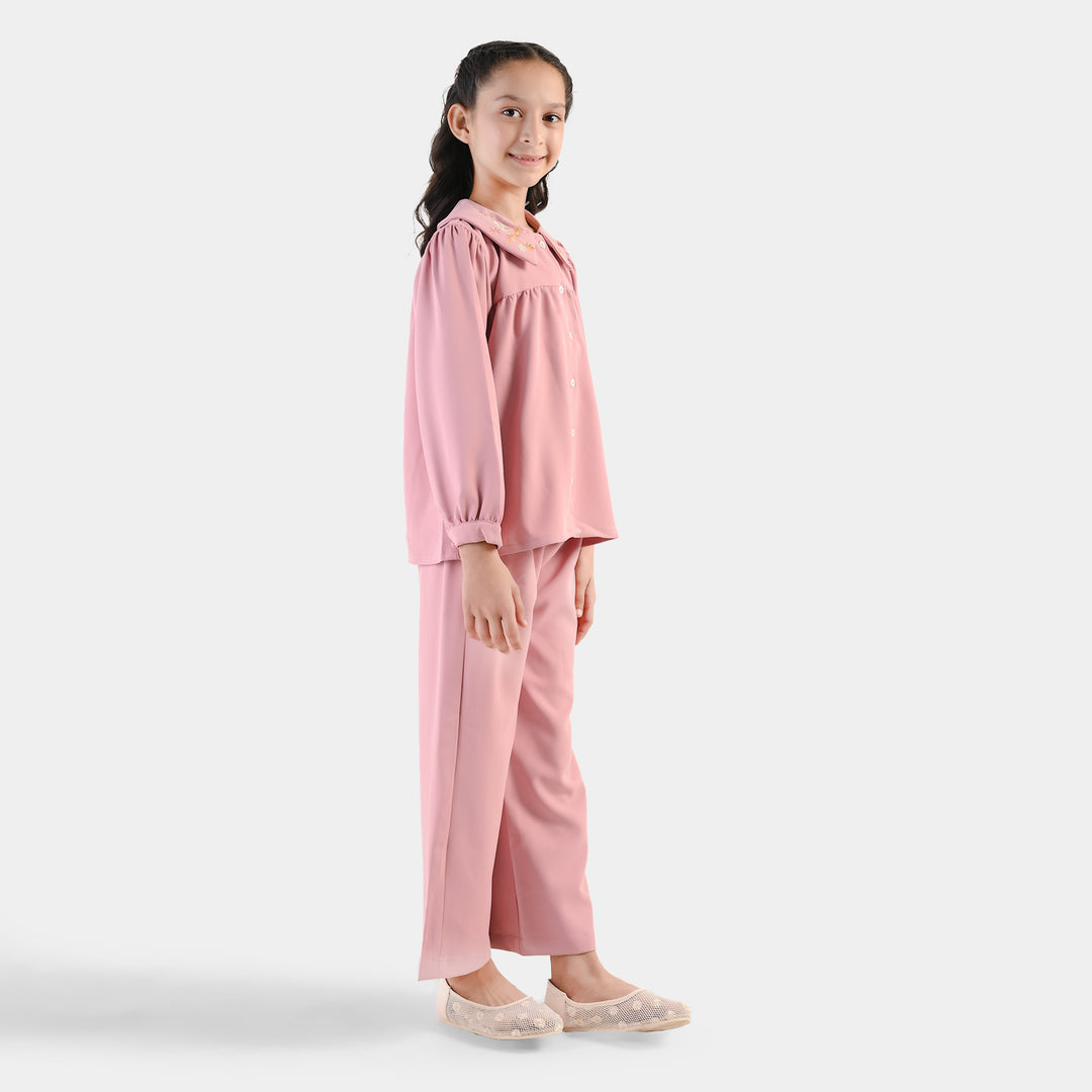 Girls Cotton Twill Emb Co-Ord Set Blush - Light Pink
