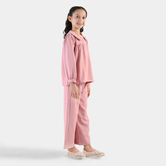 Girls Cotton Twill Emb Co-Ord Set Blush - Light Pink