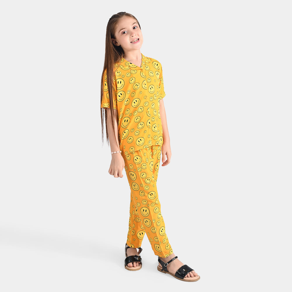 Girls Viscose Nightwear Smile Emoji-Yellow