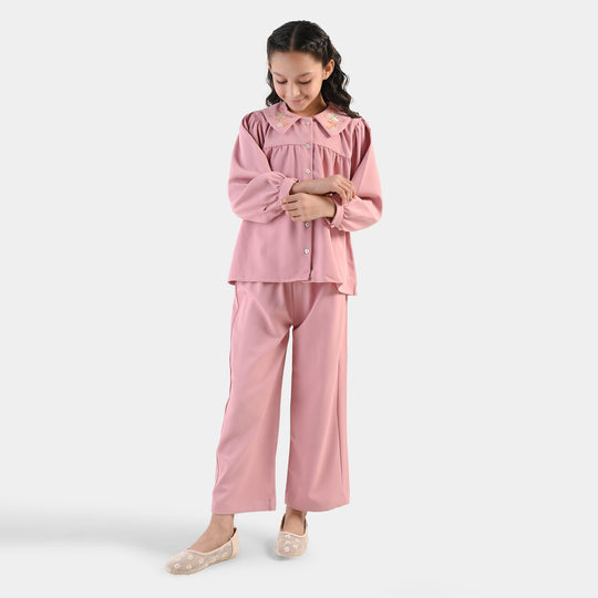 Girls Cotton Twill Emb Co-Ord Set Blush - Light Pink