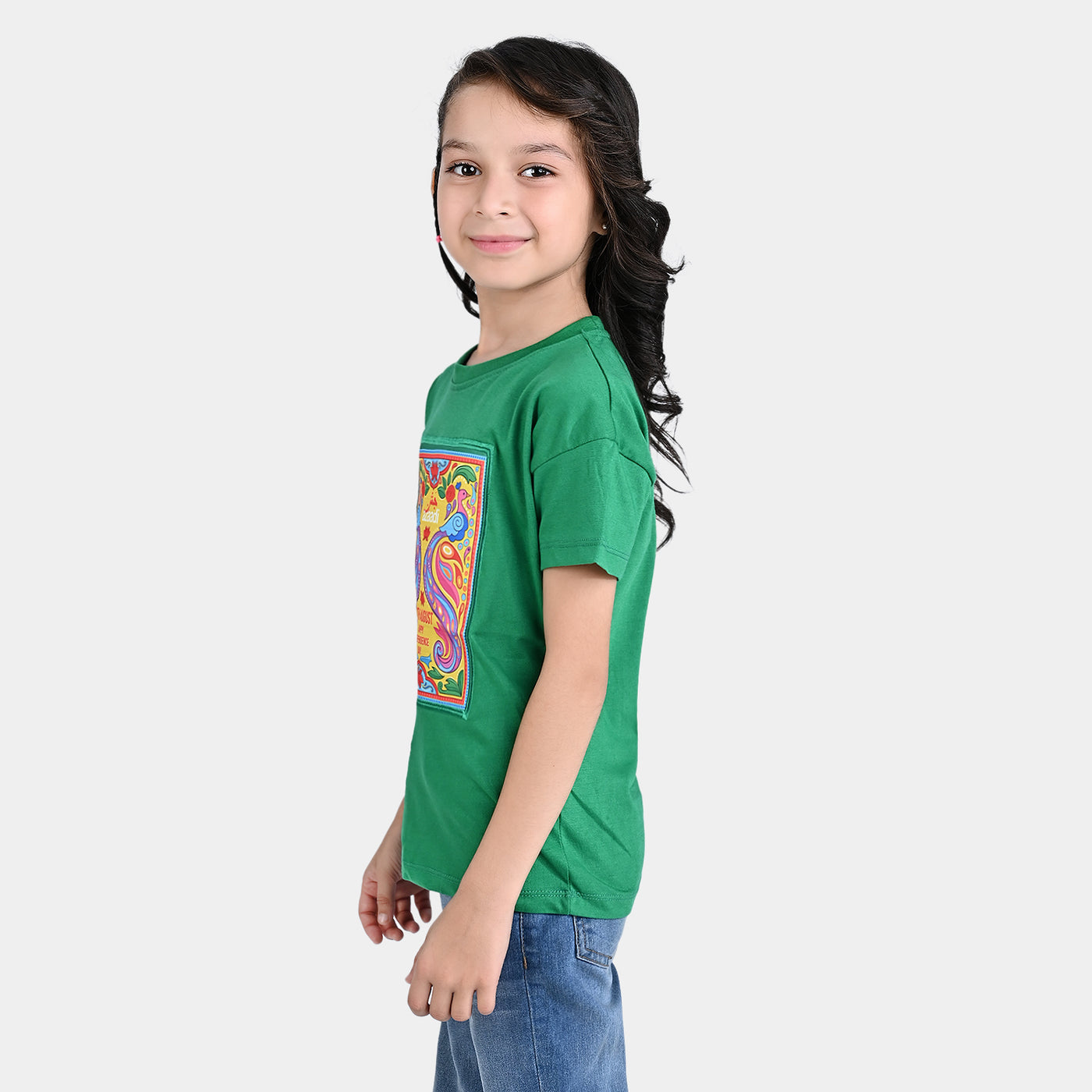 Girls Poly Cotton Jersey T-Shirt H/S Truck Art-Fern Green