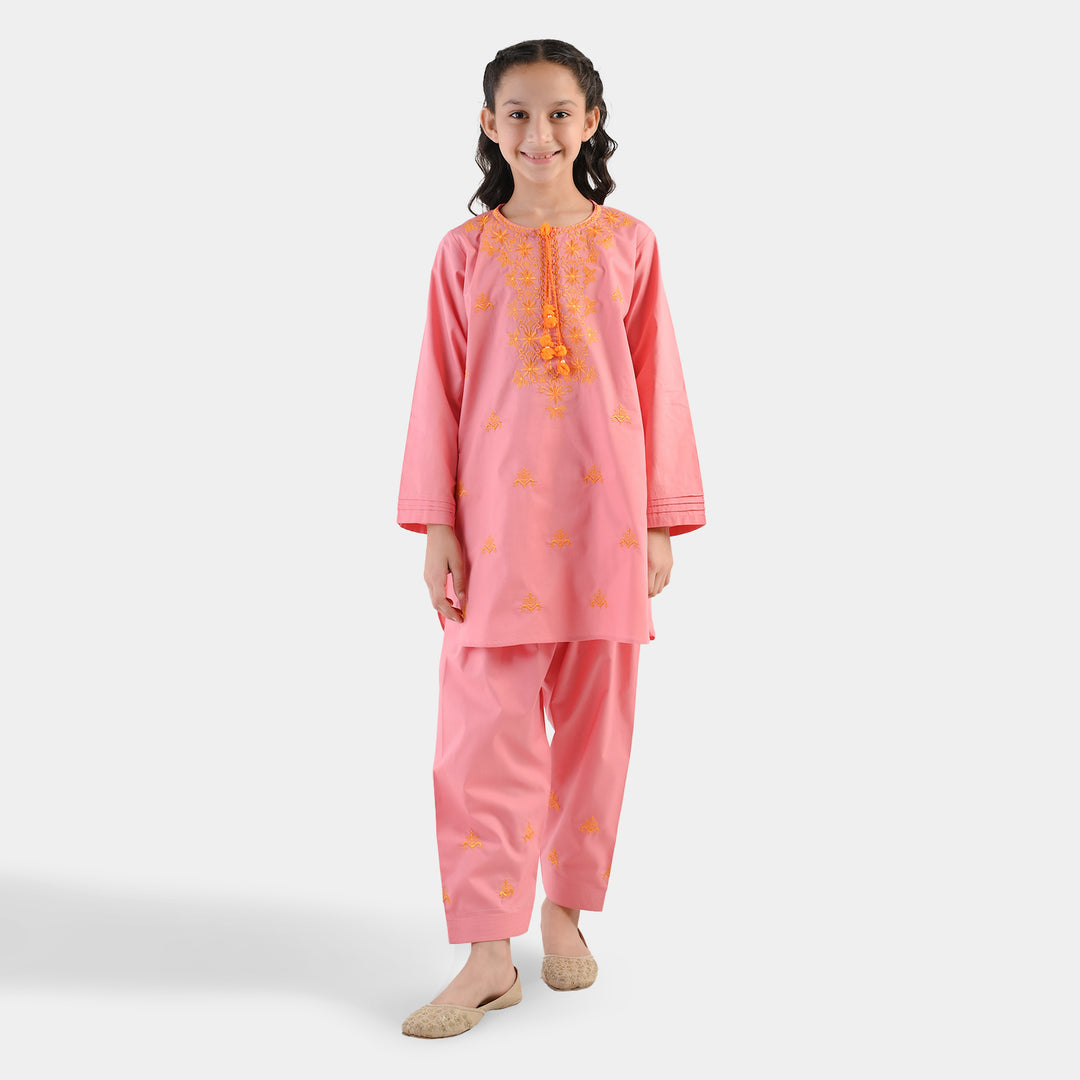Girls Cotton Emb 2Piece Komal-Pink