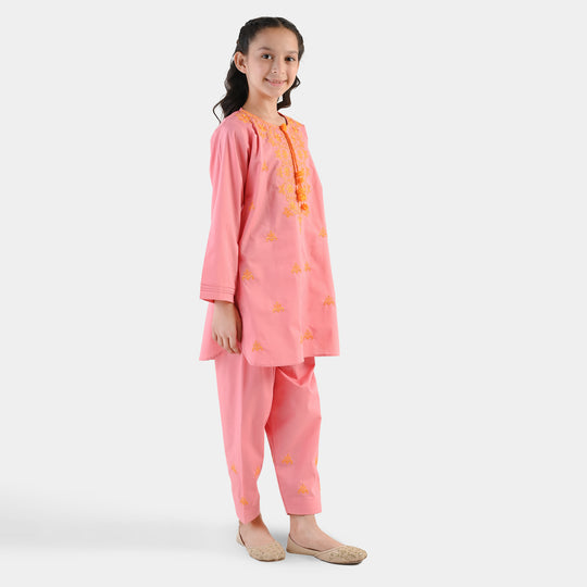 Girls Cotton Emb 2Piece Komal-Pink