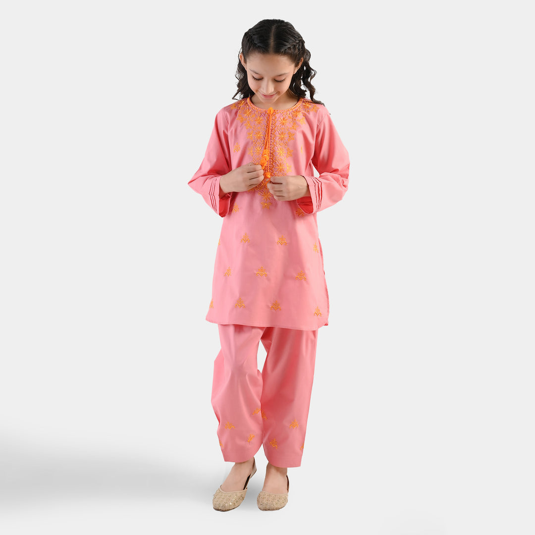 Girls Cotton Emb 2Piece Komal-Pink