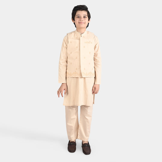 Boys Cotton Poplin 3 Piece Suit (Puff Print)-BEIGE