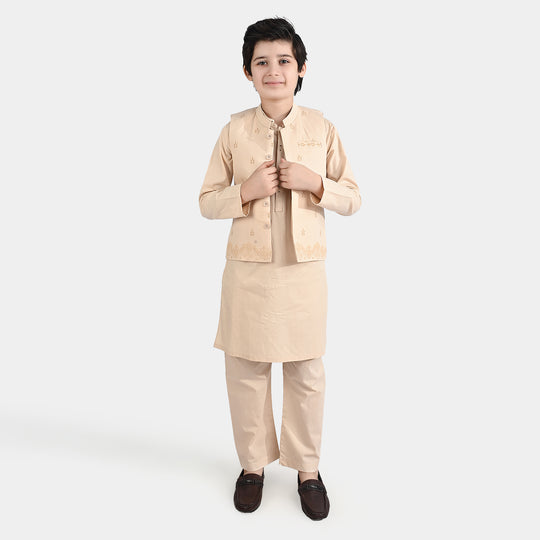 Boys Cotton Poplin 3 Piece Suit (Puff Print)-BEIGE