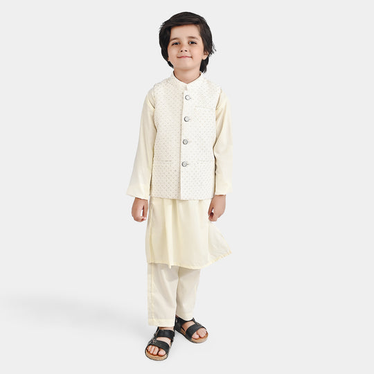 Boys Poly Viscose 3 Piece Suit (Square PKT)-Off White
