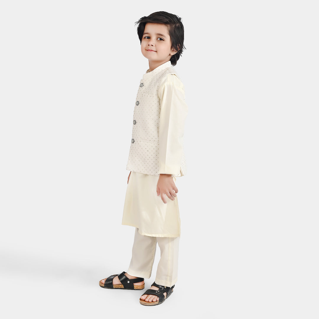 Boys Poly Viscose 3 Piece Suit (Square PKT)-Off White