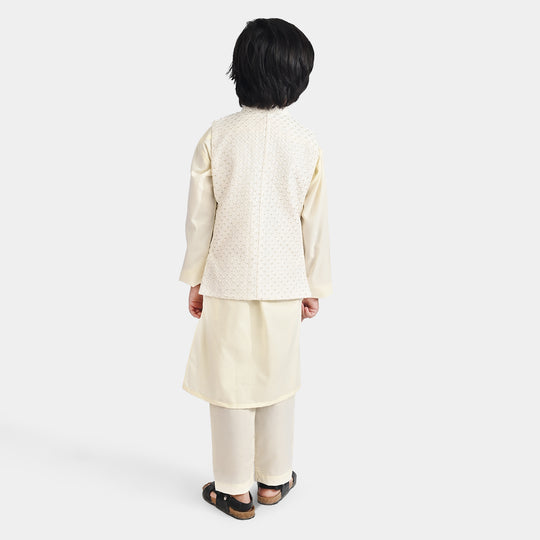Boys Poly Viscose 3 Piece Suit (Square PKT)-Off White